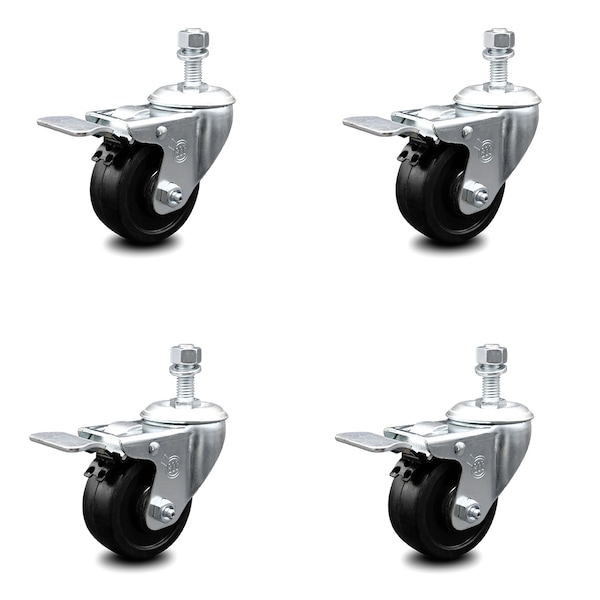 3 Inch Soft Rubber Wheel Swivel 3/8 Inch Stem Caster Set with Total Lock Brake